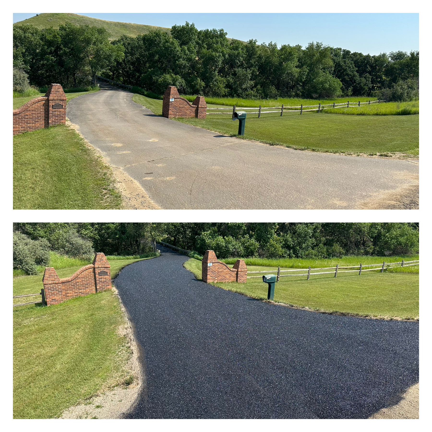 Driveway before chip seal (dusty gravel) and after chip seal (smooth, sealed surface)